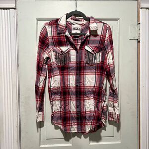 Mudd Red Plaid Button Up with Sequins Medium